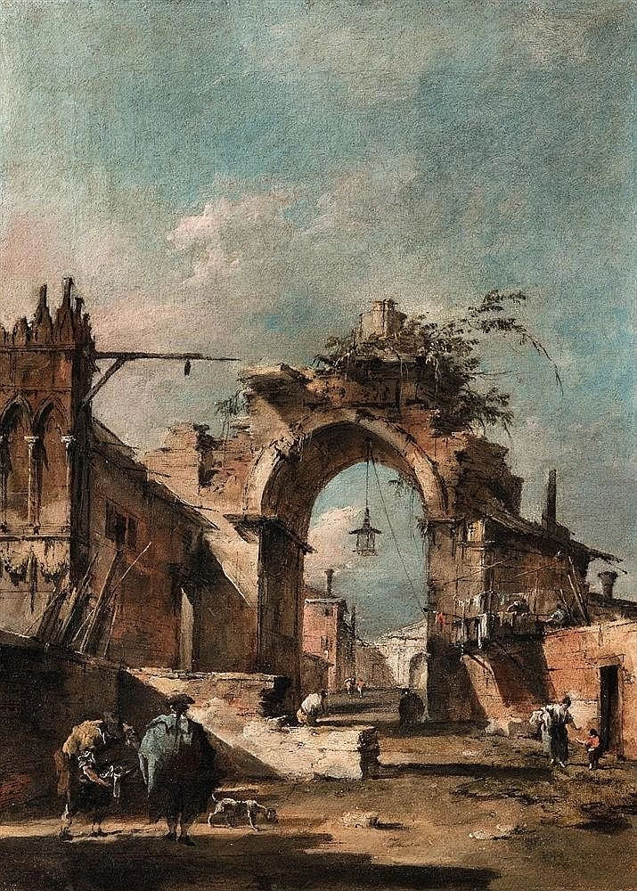 Capriccio con Arco rovinato e mura di paese